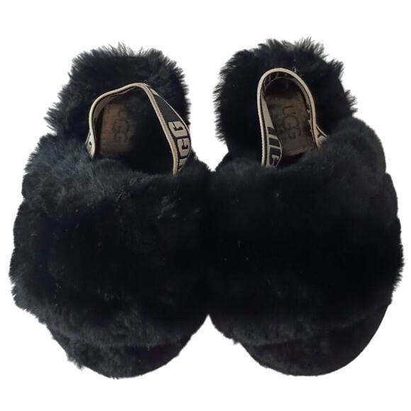 Uggs black furry yeah slides little kid size 6 slingback w/logo barely used glam - Picture 2 of 6